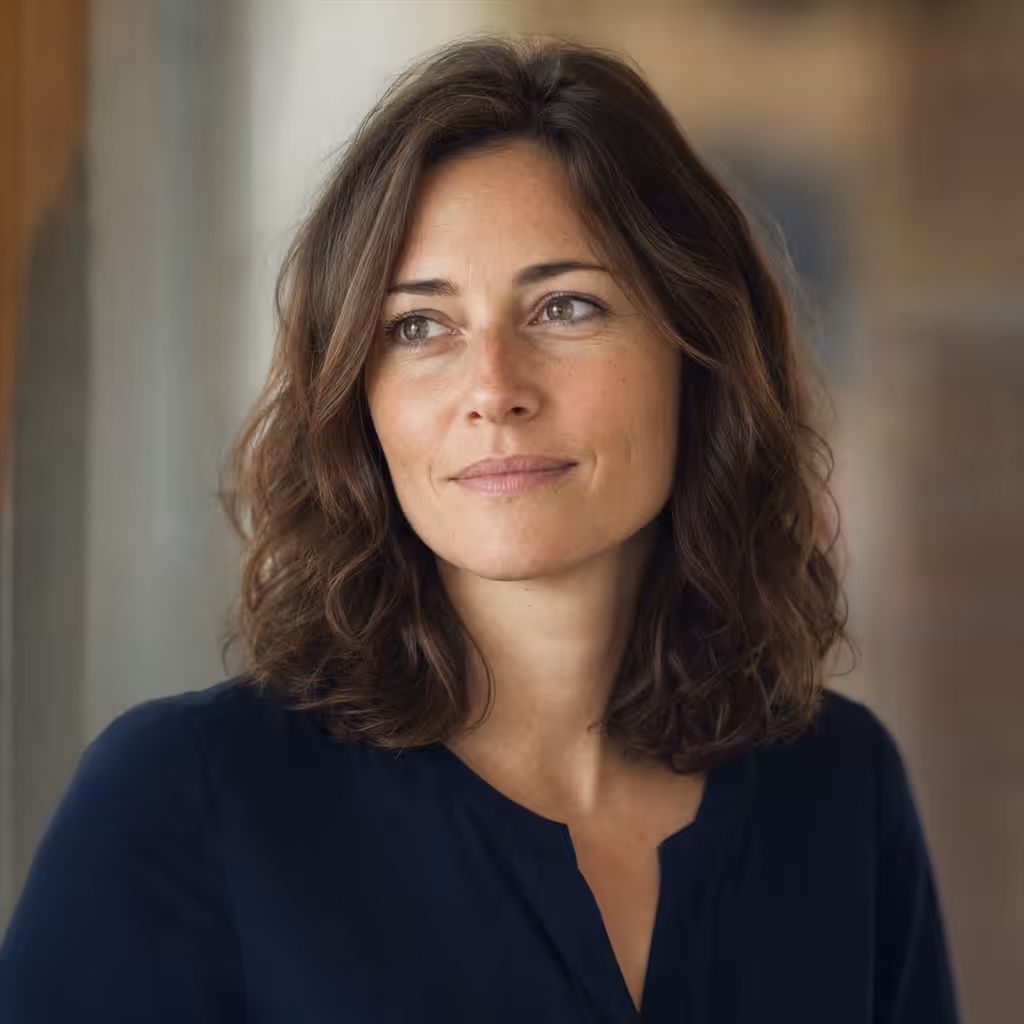 Femme souriante avec cheveux bouclés, fond flou